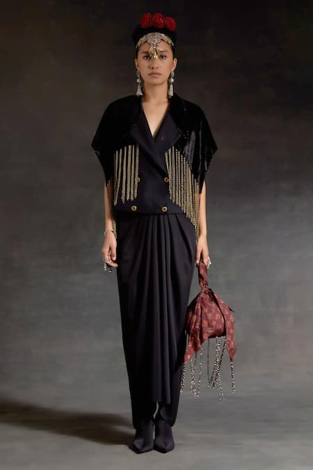 Aseem Kapoor Zoa Cropped Trench Jacket & Draped Skirt Set 