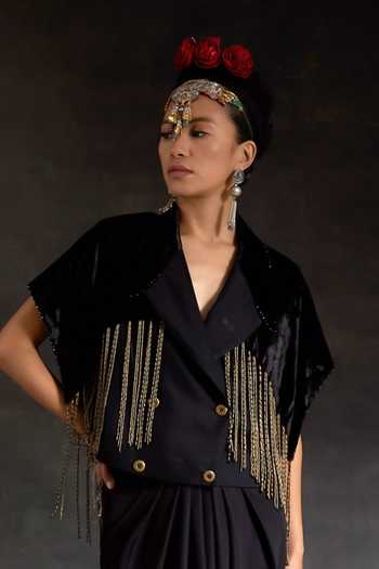 Buy Aseem Kapoor Black Crepe, Velvet Tassels, Zoa Cropped Trench Jacket And Draped Skirt Set Buy_Aseem Kapoor_Black Crepe, Velvet Tassels, Zoa Cropped Trench Jacket And Draped Skirt Set