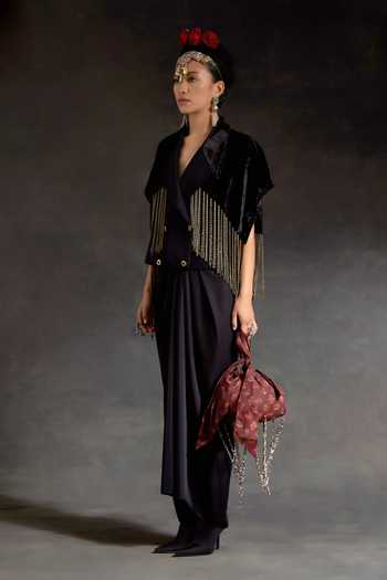 Shop Aseem Kapoor Black Crepe, Velvet Tassels, Zoa Cropped Trench Jacket And Draped Skirt Set Shop_Aseem Kapoor_Black Crepe, Velvet Tassels, Zoa Cropped Trench Jacket And Draped Skirt Set