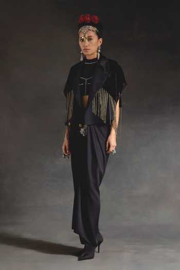 Aseem Kapoor Black Crepe, Velvet Beads, Zoa Taselled Cropped Trench And Draped Skirt Set Online at Aza Fashions Aseem Kapoor_Black Crepe, Velvet Beads, Zoa Taselled Cropped Trench And Draped Skirt Set _Online_at_Aza_Fashions