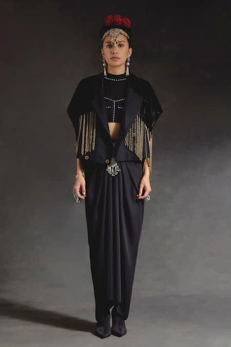 Aseem Kapoor Zoa Taselled Cropped Trench & Draped Skirt Set 