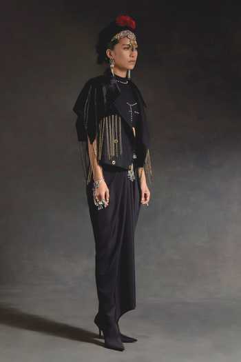 Shop Aseem Kapoor Black Crepe, Velvet Beads, Zoa Taselled Cropped Trench And Draped Skirt Set Online at Aza Fashions Shop_Aseem Kapoor_Black Crepe, Velvet Beads, Zoa Taselled Cropped Trench And Draped Skirt Set _Online_at_Aza_Fashions