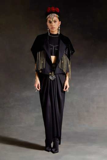 Aseem Kapoor Black Crepe, Velvet Beads, Zoa Taselled Cropped Trench And Draped Skirt Set at Aza Fashions Aseem Kapoor_Black Crepe, Velvet Beads, Zoa Taselled Cropped Trench And Draped Skirt Set _at_Aza_Fashions