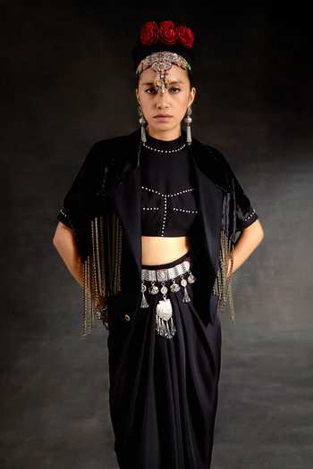 Buy Aseem Kapoor Black Crepe, Velvet Beads, Zoa Taselled Cropped Trench And Draped Skirt Set Buy_Aseem Kapoor_Black Crepe, Velvet Beads, Zoa Taselled Cropped Trench And Draped Skirt Set