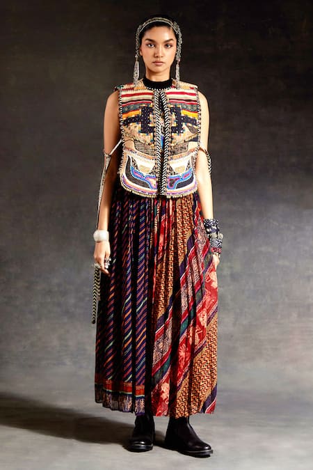 Aseem Kapoor Zuri Tribal Embroidered Gilet Jacket & Skirt Set 