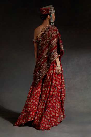 Aseem Kapoor_Red Silk Tassels, Beads, Zari One Shoulder Rasa Embroidered Top And Skirt Set _Online_at_Aza_Fashions