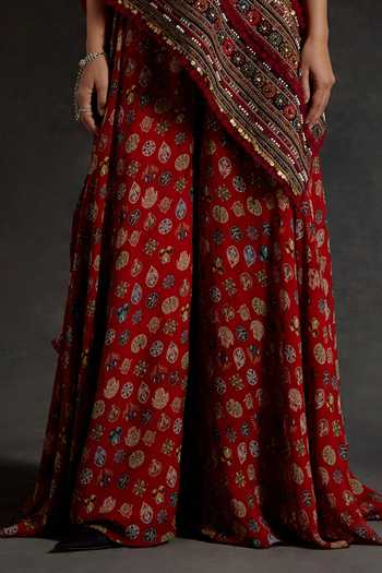 Buy_Aseem Kapoor_Red Silk Tassels, Beads, Zari One Shoulder Rasa Embroidered Top And Skirt Set _Online_at_Aza_Fashions