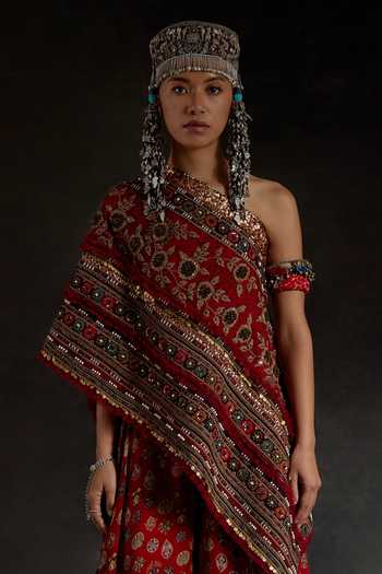 Shop_Aseem Kapoor_Red Silk Tassels, Beads, Zari One Shoulder Rasa Embroidered Top And Skirt Set _Online_at_Aza_Fashions