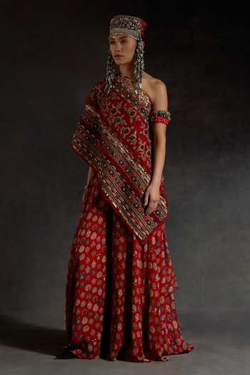 Aseem Kapoor_Red Silk Tassels, Beads, Zari One Shoulder Rasa Embroidered Top And Skirt Set _at_Aza_Fashions
