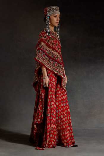Buy_Aseem Kapoor_Red Silk Tassels, Beads, Zari One Shoulder Rasa Embroidered Top And Skirt Set 