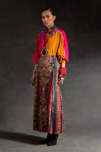 Aseem Kapoor_Pink Crepe, Twill Embroidery, Mandala Color Block Shirt And Printed Skirt Set _Online_at_Aza_Fashions