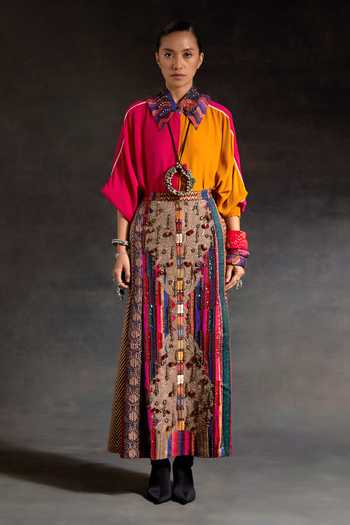 Buy_Aseem Kapoor_Pink Crepe, Twill Embroidery, Mandala Color Block Shirt And Printed Skirt Set _Online_at_Aza_Fashions