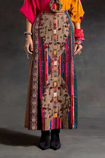 Shop_Aseem Kapoor_Pink Crepe, Twill Embroidery, Mandala Color Block Shirt And Printed Skirt Set _Online_at_Aza_Fashions