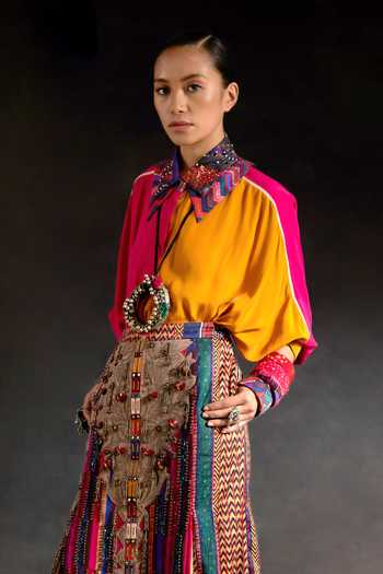 Aseem Kapoor_Pink Crepe, Twill Embroidery, Mandala Color Block Shirt And Printed Skirt Set _at_Aza_Fashions