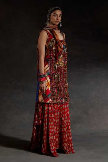 Shop Aseem Kapoor Blue Twill, Silk Beads, Mirrors, Tassels Mehru Embroidered Kurta And Skirt Set Online at Aza Fashions Shop_Aseem Kapoor_Blue Twill, Silk Beads, Mirrors, Tassels Mehru Embroidered Kurta And Skirt Set _Online_at_Aza_Fashions