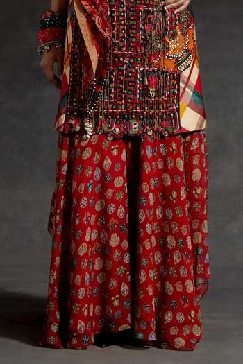 Aseem Kapoor Blue Twill, Silk Beads, Mirrors, Tassels Mehru Embroidered Kurta And Skirt Set at Aza Fashions Aseem Kapoor_Blue Twill, Silk Beads, Mirrors, Tassels Mehru Embroidered Kurta And Skirt Set _at_Aza_Fashions