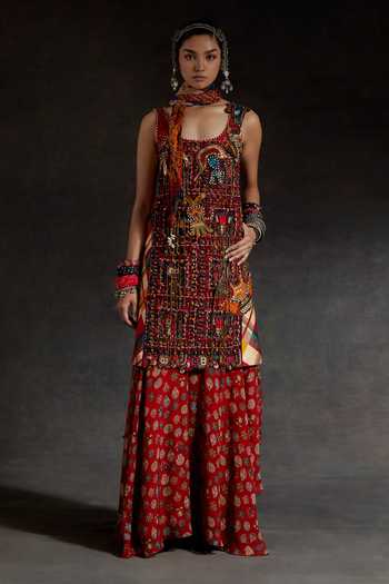 Buy Aseem Kapoor Blue Twill, Silk Beads, Mirrors, Tassels Mehru Embroidered Kurta And Skirt Set Buy_Aseem Kapoor_Blue Twill, Silk Beads, Mirrors, Tassels Mehru Embroidered Kurta And Skirt Set