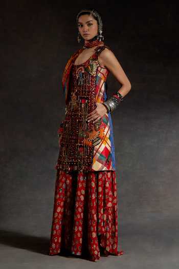 Shop Aseem Kapoor Blue Twill, Silk Beads, Mirrors, Tassels Mehru Embroidered Kurta And Skirt Set Shop_Aseem Kapoor_Blue Twill, Silk Beads, Mirrors, Tassels Mehru Embroidered Kurta And Skirt Set