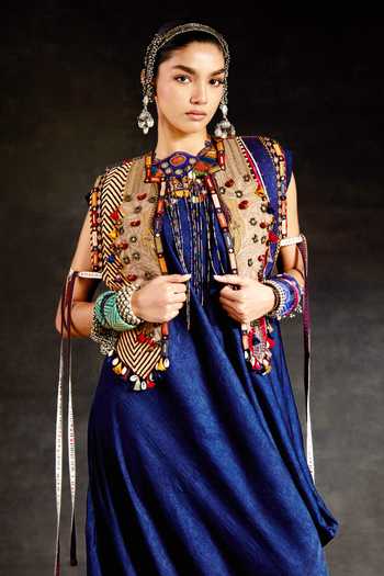Aseem Kapoor_Multi Color Silk, Cotton, Twill Zuri Tribal Embroidered Gilet And Dress Set _Online_at_Aza_Fashions