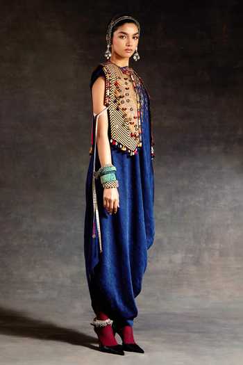 Shop_Aseem Kapoor_Multi Color Silk, Cotton, Twill Zuri Tribal Embroidered Gilet And Dress Set _Online_at_Aza_Fashions