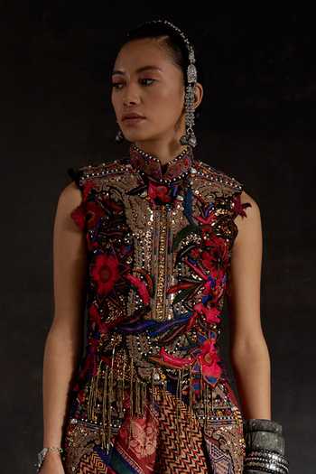 Shop_Aseem Kapoor_Blue Net, Twill Applique, Inaq Embroidered Floral Top And Culotte Shorts Set _Online_at_Aza_Fashions