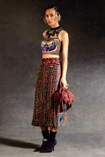 Aseem Kapoor_Black Silk, Cotton, Twill, Corduroy Beads, Alya Embroidered Blouse And Skirt Set _Online_at_Aza_Fashions