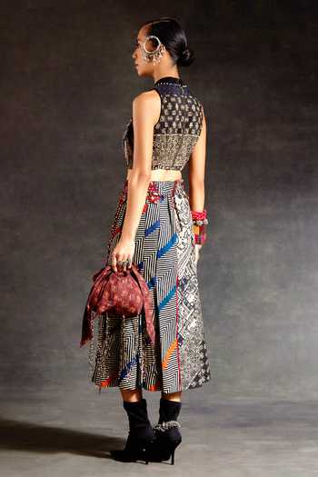 Buy_Aseem Kapoor_Black Silk, Cotton, Twill, Corduroy Beads, Alya Embroidered Blouse And Skirt Set _Online_at_Aza_Fashions