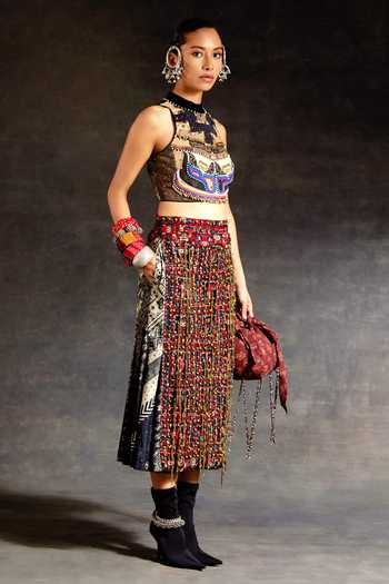 Shop_Aseem Kapoor_Black Silk, Cotton, Twill, Corduroy Beads, Alya Embroidered Blouse And Skirt Set _Online_at_Aza_Fashions