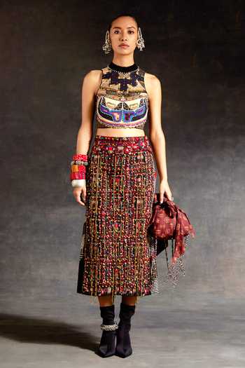 Aseem Kapoor_Black Silk, Cotton, Twill, Corduroy Beads, Alya Embroidered Blouse And Skirt Set _at_Aza_Fashions