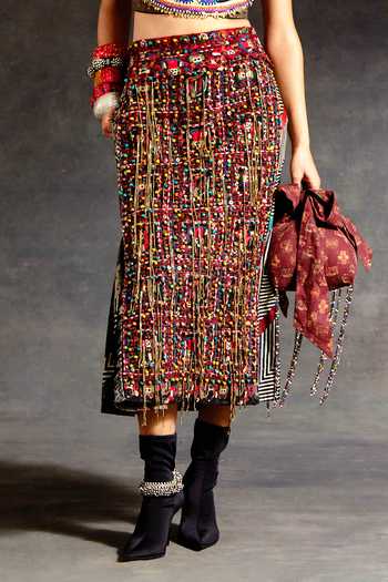 Buy_Aseem Kapoor_Black Silk, Cotton, Twill, Corduroy Beads, Alya Embroidered Blouse And Skirt Set 