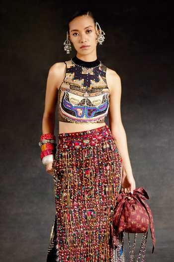 Shop_Aseem Kapoor_Black Silk, Cotton, Twill, Corduroy Beads, Alya Embroidered Blouse And Skirt Set 