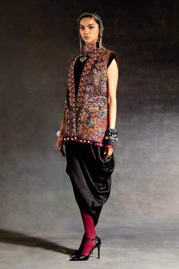 Aseem Kapoor_Black Velvet, Silk Beads, Zari, Tassels, Ruhi Jacket And Draped Dress Set _Online_at_Aza_Fashions