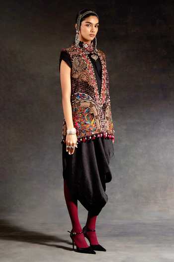 Buy_Aseem Kapoor_Black Velvet, Silk Beads, Zari, Tassels, Ruhi Jacket And Draped Dress Set _Online_at_Aza_Fashions