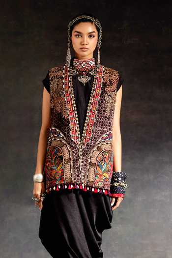 Shop_Aseem Kapoor_Black Velvet, Silk Beads, Zari, Tassels, Ruhi Jacket And Draped Dress Set _Online_at_Aza_Fashions