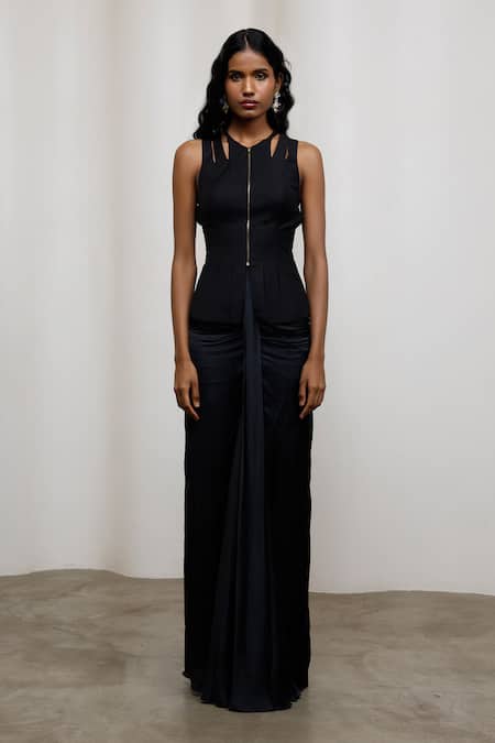 Shop_Advait_Black Suiting High Neck Kuro Shredded Top _Online_at_Aza_Fashions