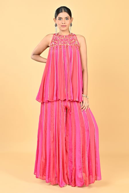 KEITH GOMES Stripe Pattern Short Anarkali With Palazzo