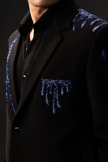payal and rishab_Blue Crepe, Wool Sequins Sapphire Drip Blazer Pant Set _Online_at_Aza_Fashions