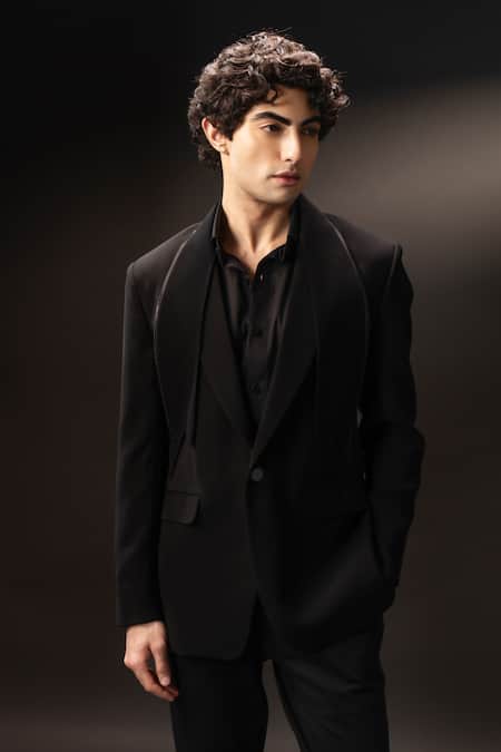 Buy_payal and rishab_Black Crepe, Wool Monarch Blazer Pant Set _Online_at_Aza_Fashions