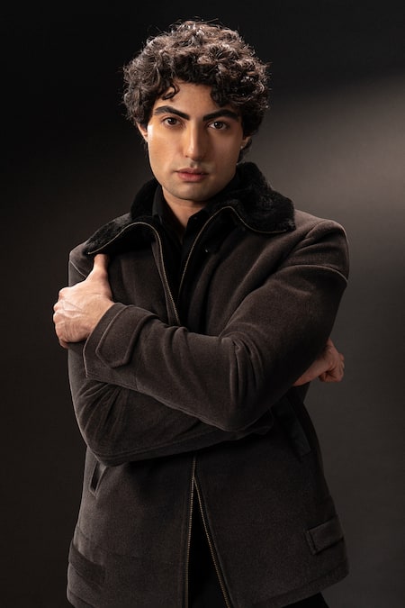 payal and rishab_Gray Crepe, Wool Embroidery Aviator Zipper Jacket _Online_at_Aza_Fashions