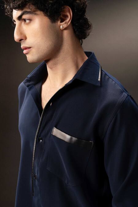 payal and rishab_Black Crepe, Wool Regiment Button Down Shirt _Online_at_Aza_Fashions