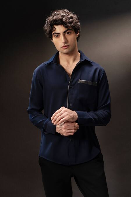 Shop_payal and rishab_Black Crepe, Wool Regiment Button Down Shirt _Online_at_Aza_Fashions