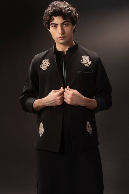 Buy_payal and rishab_Black Crepe, Wool Embroidery, Zari Plain Kurta And Pant Set _Online_at_Aza_Fashions