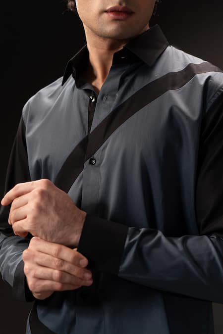 payal and rishab_Black Cotton Stride Panelled Shirt _Online_at_Aza_Fashions