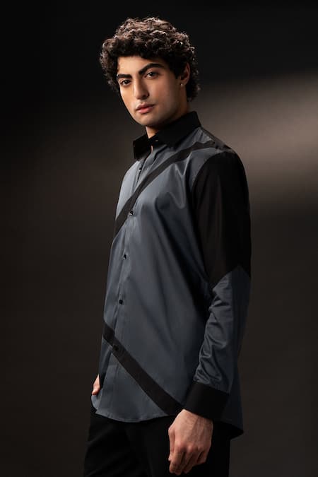Buy_payal and rishab_Black Cotton Stride Panelled Shirt _Online_at_Aza_Fashions