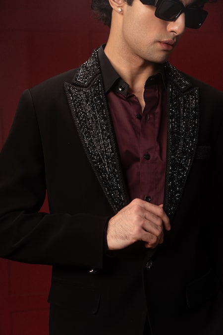 payal and rishab_Black Crepe, Wool Sequins, Beads Embroidered Lapel Tuxedo _Online_at_Aza_Fashions