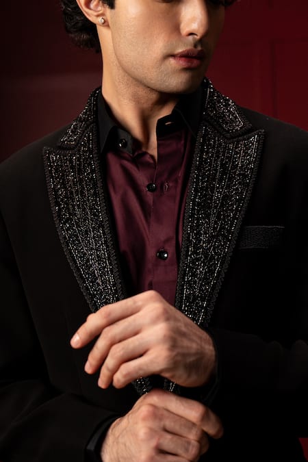 Buy_payal and rishab_Black Crepe, Wool Sequins, Beads Embroidered Lapel Tuxedo _Online_at_Aza_Fashions