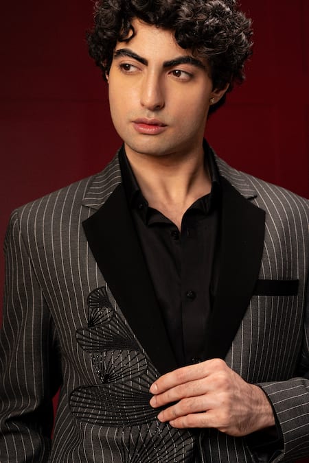 Buy_payal and rishab_Grey Crepe, Wool Embroidery Pinstripe Archive Suit _Online_at_Aza_Fashions