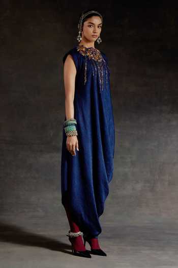 Aseem Kapoor_Blue Silk Embroidery High Neck Rasa Drop Shoulder Collar Dress _Online_at_Aza_Fashions