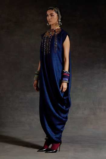 Buy_Aseem Kapoor_Blue Silk Embroidery High Neck Rasa Drop Shoulder Collar Dress _Online_at_Aza_Fashions