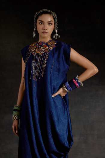 Shop_Aseem Kapoor_Blue Silk Embroidery High Neck Rasa Drop Shoulder Collar Dress _Online_at_Aza_Fashions